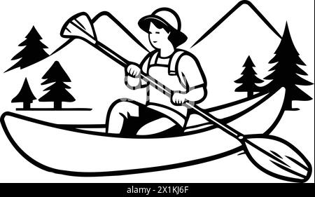 Man in kayak on the lake. Vector illustration. Canoeing. Stock Vector