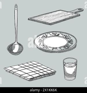 Household objects - hand-drawn illustration - black lines with white filling on grey background Stock Photo