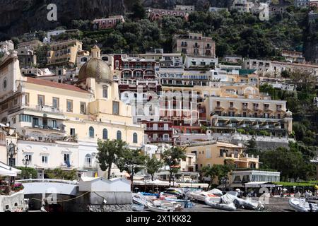 View from beach upwards towards Positano, Amalfi coast, Campania, Italy Stock Photo