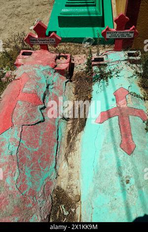 The colorful tombs and vaults of the Cementerio General in Chichicastenango, Guatemala. According to indigenous Maya tradition, the colorful burial site honors the dead and encourages the living to make peace with death. Stock Photo