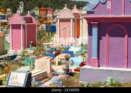 The colorful tombs and vaults of the Cementerio General in Chichicastenango, Guatemala. According to indigenous Maya tradition, the colorful burial site honors the dead and encourages the living to make peace with death. Stock Photo