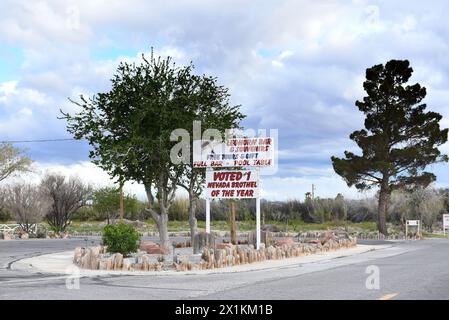 PAHRUMP, NEVADA - 14 APR 2024: The Chicken Ranch Leghorn Bar sign at the legal, licensed brothel located about 60 miles west of Las Vegas Stock Photo