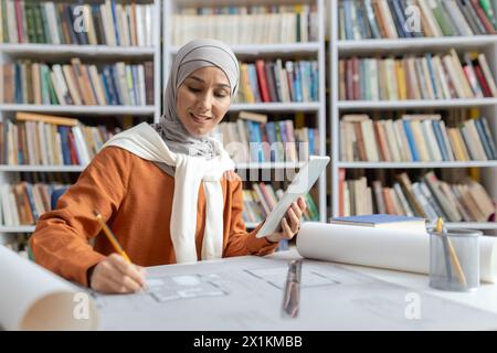 A focused Muslim woman architect, dressed in a hijab, reviews digital blueprints on a tablet while working with physical drafts in a well-stocked library. Stock Photo