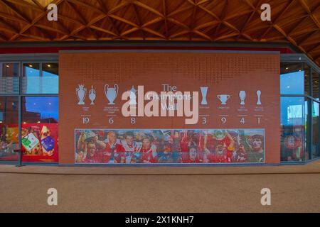 England, Liverpool - December 29, 2023: The Champions Wall at the LFC Store at Anfield. Stock Photo