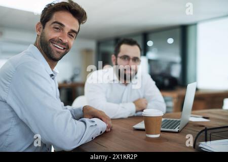 Teamwork, designer or portrait of man on laptop for software, research or web design programming. Developers, happy or programmers in startup office Stock Photo