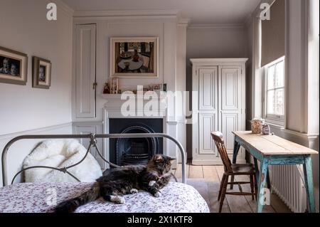 Cat lying on vintage bed in charming Georgian Greenwich townhouse, London, UK Stock Photo