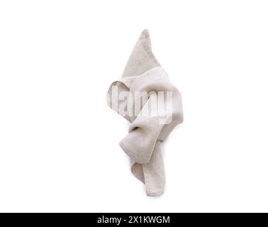 Top view beige gray linen kitchen napkin isolated on white background. Folded cloth for mockup Stock Photo