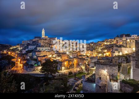 The old town of Matera, a Unesco World Heritage Site, in southern Italy at night Stock Photo