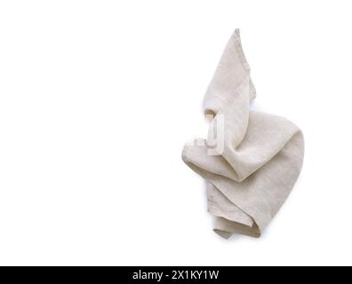 Top view beige gray linen kitchen napkin isolated on white background. Folded cloth for mockup Stock Photo