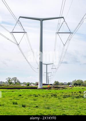 National Grid's newly installed T pylons marching across the Somerset Levels delivering electricity from Hinkley Point to Avonmouth in Somerset UK Stock Photo