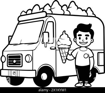 Man with ice cream truck. Vector illustration in flat cartoon style. Stock Vector