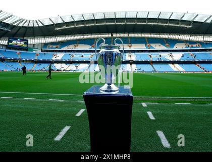 Manchester, UK. 17th Apr, 2024. The Champions League trophy on display at the stadium before the UEFA Champions League Quarter Final 2nd Leg match at the Etihad Stadium, Manchester. Picture credit should read: Andrew Yates/Sportimage Credit: Sportimage Ltd/Alamy Live News Stock Photo