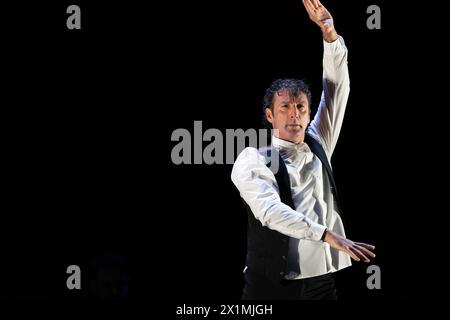 London, UK. April 17, 2024. Angel Munoz from the Paco Pena Flamenco Dance Company performs Farruca from ‘Solera’ at Sadler’s Wells in London.  The show will run from the 17th to 20th April. Credit: Katie Collins/EMPICS/Alamy Live News Stock Photo