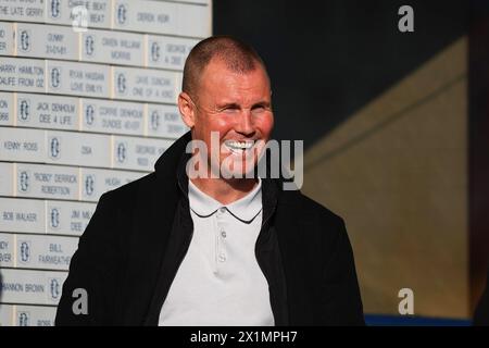 Dens Park, Dundee, UK. 17th Apr, 2024. Scottish Premiership Football, Dundee versus Rangers; Former Rangers and Dundee striker Kenny Miller working for TV at the game Credit: Action Plus Sports/Alamy Live News Stock Photo