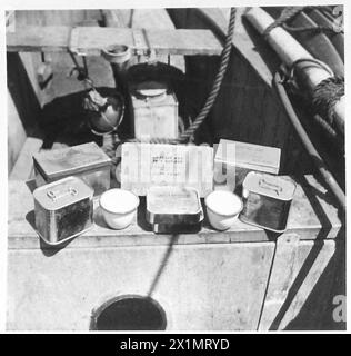 ON BOARD AN AFRICAN BOUND SHIP IN CONVOY - Life-boat emergency rations, British Army Stock Photo