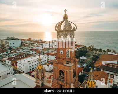 Back view of our Lady of Guadalupe church in Puerto Vallarta, Jalisco, Mexico at sunset. Stock Photo