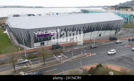 11 February 2024, Cardiff. Aerial view of the Vindico Arena, part of the International Sports Village in Cardiff Bay, Wales. Credit: Colin Edwards Stock Photo