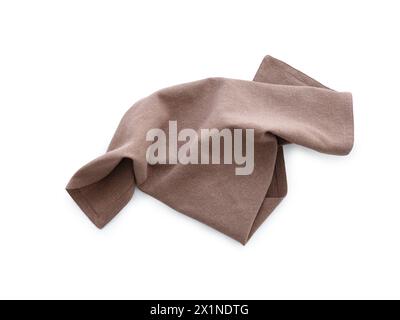 Flat lay with brown linen kitchen napkin isolated on white background. Folded cloth for mockup Stock Photo