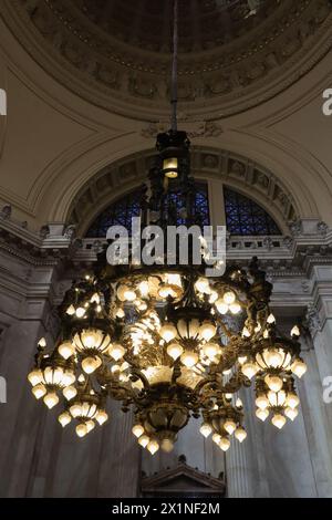 Buenos Aires, Argentina, 17.04.2024, View a huge bronze chandelier weighing 2,054 kilos and measuring 5.20 metres in height and 2.90 metres in diamete Stock Photo