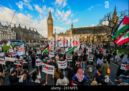 London, UK. 17th Apr, 2024. Palestinians and supporters gather at Parliament to call the UK to Stop Arming Israel, as well as for a ceasefire now and an end to the iraeli assault on Gaza. Organised by: Palestine Solidarity Campaign, Stop the War Coalition, Friends of Al-Aqsa, and the Muslim Association of Britain. Credit: Guy Bell/Alamy Live News Stock Photo