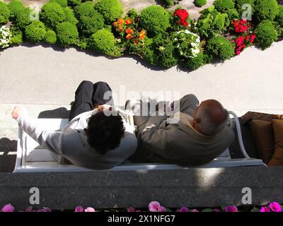 Aerial top view from above of elderly couple sitting resting and relax on the bench, take a break from walking on sunny day, watching flowers, not rec Stock Photo