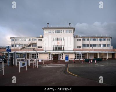 JESRSEY, CHANNEL ISLANDS - FEBRUARY 24, 2024:  Exterior view of the terminal building at Jersey Airport Stock Photo