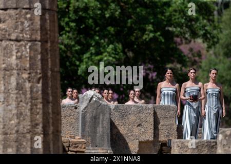 Olympia, Greece - April 15, 2024: Final dress rehearsal of the Olympic flame lighting ceremony for the Paris 2024 Summer Olympic Games in Ancient Olym Stock Photo