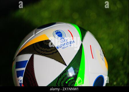 HAMBURG, GERMANY, APRIL 17, 2024: Euro 2024's Official Ball, the Adidas Fussballliebe, awaits its moment European tournament in Germany Stock Photo