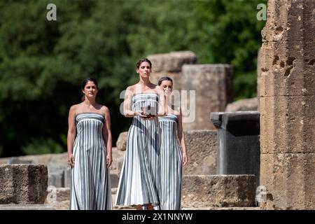 Olympia, Greece - April 15, 2024: Final dress rehearsal of the Olympic flame lighting ceremony for the Paris 2024 Summer Olympic Games in Ancient Olym Stock Photo