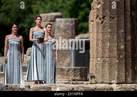 Olympia, Greece - April 15, 2024: Final dress rehearsal of the Olympic flame lighting ceremony for the Paris 2024 Summer Olympic Games in Ancient Olym Stock Photo