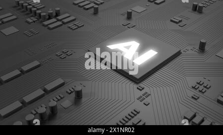 AI chip. Dark gray chip on circuit board. Technology background. Artificial intelligence. 3d illustration. Stock Photo