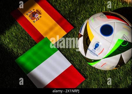 BERLIN, GERMANY, APRIL 17, 2024: Spain vs Italy, Euro 2024 Group B football match at Arena AufSchalke, Gelsenkirchen, 20 June 2024, official ball on g Stock Photo