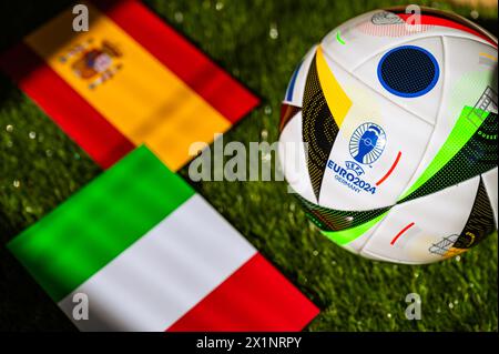LEIPZIG, GERMANY, APRIL 17, 2024: Spain vs Italy, Euro 2024 Group B football match at Arena AufSchalke, Gelsenkirchen, 20 June 2024, official ball on Stock Photo