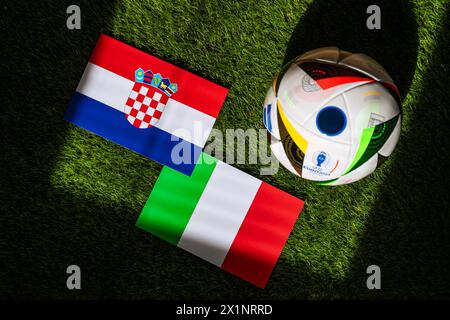 MUNICH, GERMANY, APRIL 17, 2024: Croatia vs Italy, Euro 2024 Group B football match at Leipzig Stadium, Leipzig, 24 June 2024, official ball on green Stock Photo