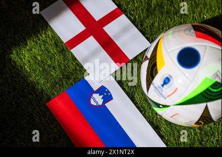 BERLIN, GERMANY, APRIL 17, 2024: England vs Slovenia, Euro 2024 Group C football match at Cologne Stadium, Cologne, 25 June 2024, official ball on gre Stock Photo