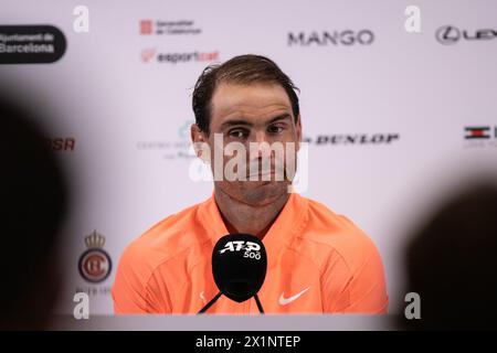 Barcelona, Spain. 17th Apr, 2024. RAFAEL NADAL of Spain reacts during a press conference on the third day and second round of Barcelona Open Banc Sabadell Trofeo Conde de Godo. (Credit Image: © Marti Segura Ramoneda/ZUMA Press Wire) EDITORIAL USAGE ONLY! Not for Commercial USAGE! Stock Photo