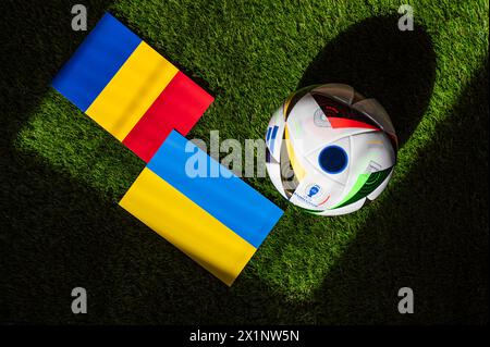 LEIPZIG, GERMANY, APRIL 17, 2024: Romania vs Ukraine, Euro 2024 Group E football match at Munich Football Arena, Munich, 17 June 2024, official ball o Stock Photo