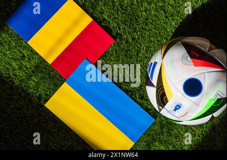 BERLIN, GERMANY, APRIL 17, 2024: Romania vs Ukraine, Euro 2024 Group E football match at Munich Football Arena, Munich, 17 June 2024, official ball on Stock Photo