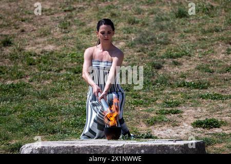 Olympia, Greece - April 15, 2024: Final dress rehearsal of the Olympic flame lighting ceremony for the Paris 2024 Summer Olympic Games in Ancient Olym Stock Photo