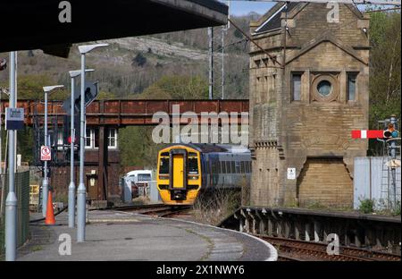 Norther trains class 158 express sprinter diesel multiple-unit approaching Carnforth railway station on 17th April 2024. Stock Photo