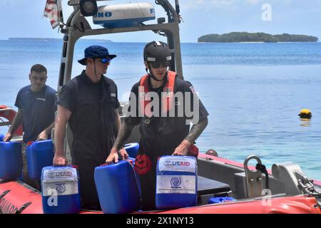 Woleai, Micronesia, Federated States Of. 12 April, 2024. The crew of the Sentinel-class fast response cutter USCGC Oliver Henry delivers fresh water and a reverse osmosis system to relieve the shortage of drinking water from drought on the remote island, April 12, 2024 in Woleai, Yap State, Federated States of Micronesia. Credit: CWO Sara Muir/USCG/Alamy Live News Stock Photo