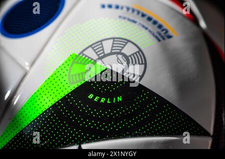 BERLIN, GERMANY, APRIL 17, 2024: Berlin football stadium small detail at official ball of Euro 2024 called Fussballliebe made by Adidas. Venue of foot Stock Photo