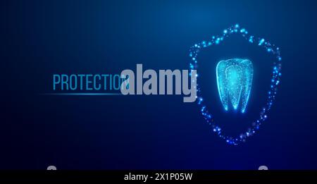 Tooth. Abstract wireframe low poly style banner. Dentistry services, teeth treatment, dental care, stomatology concept. Dark blue background. Vector Stock Vector