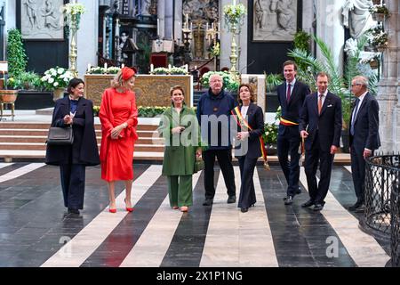 Brussels, Belgium. 17th Apr, 2024. Senate chairwoman Stephanie D'Hose, Queen Mathilde of Belgium, Grand Duchess Maria Teresa of Luxembourg, bishop Lode Van Hecke, East-Flanders province governor Carina Van Cauter, Gent Mayor Mathias De Clercq, Grand Duke Henri of Luxembourg and an unidentified man pictured during a visit to the Sint-Baafskathedraal (St Bavo's Cathedral), in Gent, on the second day of the official state visit of the Luxembourg royal couple to Belgium, Wednesday 17 April 2024. BELGA PHOTO POOL FREDERIC ANDRIEU Credit: Belga News Agency/Alamy Live News Stock Photo