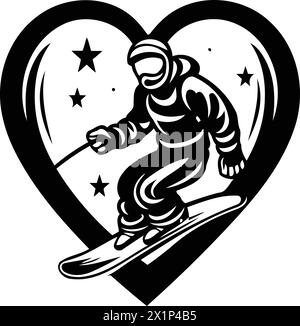 Ski club emblem with skier and heart. Vector illustration. Stock Vector