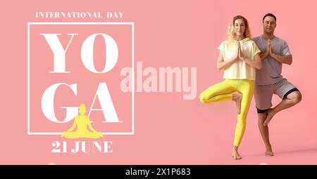 Sporty couple practicing yoga on pink background. Banner for International Yoga Day Stock Photo