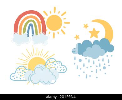 Set of weather icons rainbow sun moon and clouds vector illustration isolated on white background Stock Vector