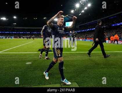 Manchester, UK. 17th Apr, 2024. Toni Kroos of Real Madrid celebrates the win during the UEFA Champions League Quarter Final 2nd Leg match at the Etihad Stadium, Manchester. Picture credit should read: Andrew Yates/Sportimage Credit: Sportimage Ltd/Alamy Live News Stock Photo