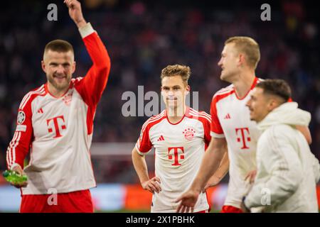 Munich Germany. 17th Apr 2024.  Final jubilation:  Eric Dier (Muenchen) Joshua Kimmich (Muenchen) Matthijs de Ligt (Muenchen), Bryan Zaragoza (Muenchen) Bayern Munich - Arsenal London  17.04.2024 Bayern München - Arsenal London    Credit: Moritz Muller/Alamy Live News Stock Photo