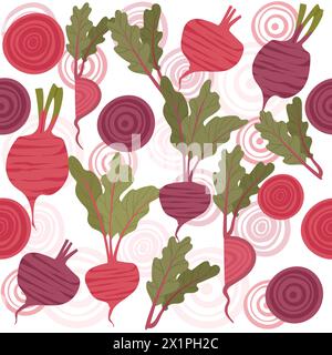 Seamless pattern of beetroot with green leaves tasty sweet vegetable vector illustration on white background Stock Vector